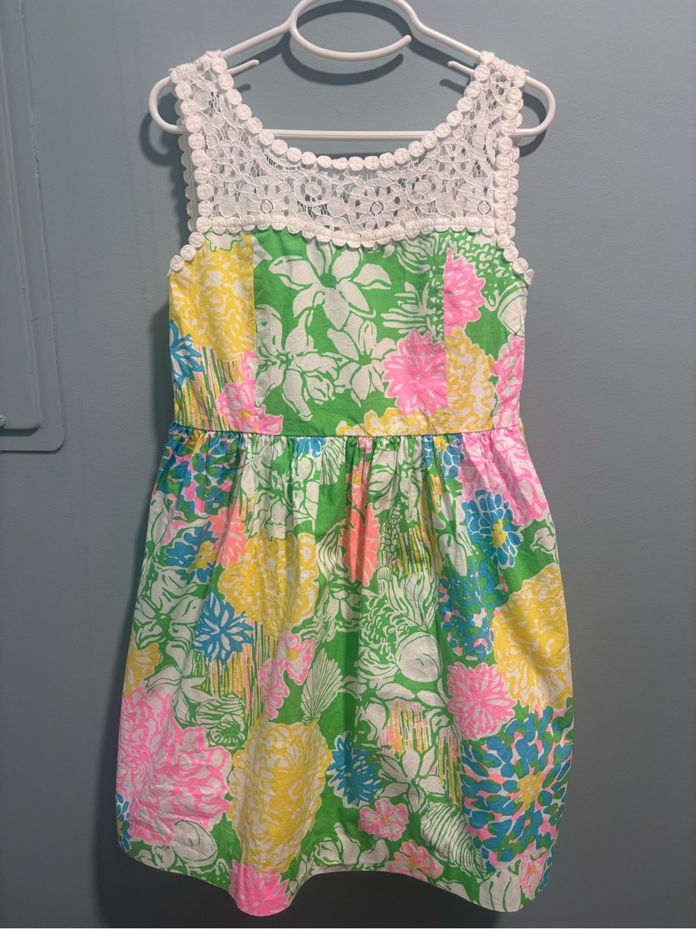 Lilly Pulitzer Green Floral Dress with White Crochet Yoke
